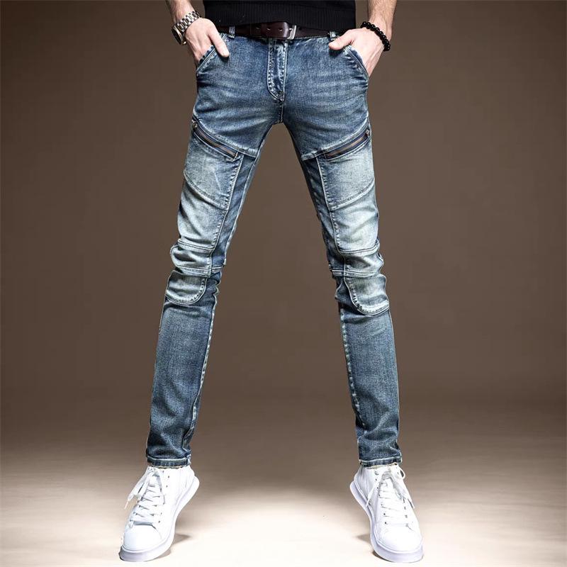 Tide Patchwork Slim Fit Men's Motorcycle Jeans - Trendy, Handsome & Elastic for Spring and Autumn