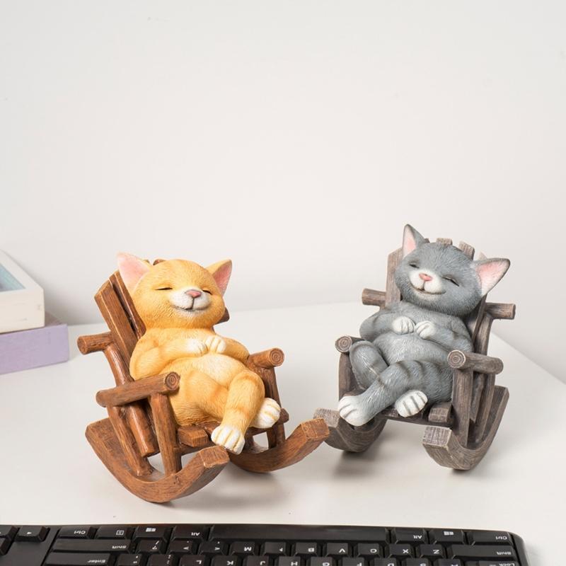 Resins Rocking Chair Cats Dog Figurine Cartoon Animal Miniature Statue for Home Office Tabletop and Shelves Decoration