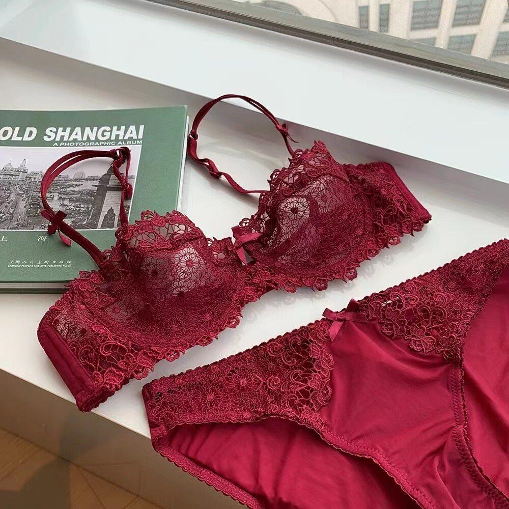 Sexy Lace Bra Set for Women Plus Size Half Cup Sheer Ultra Thin Nipple Concealed Erotic Lingerie Push Up Comfort Underwear Set