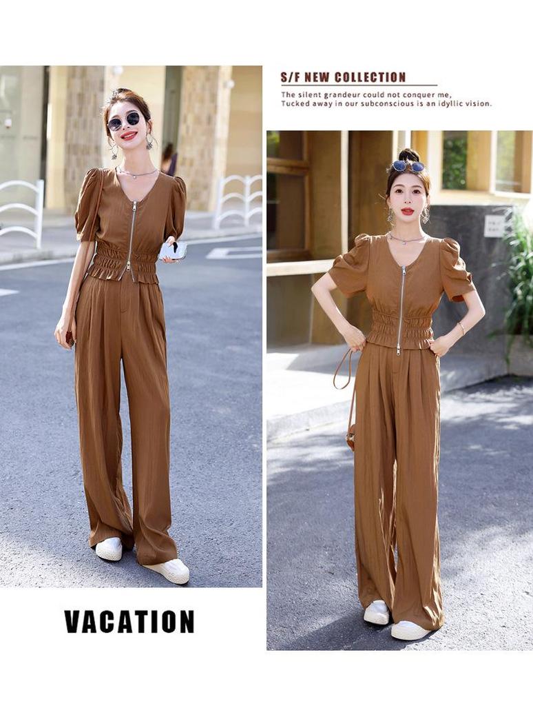 Summer 2024 Women's Two-Piece Suit: Chic Casual Tops & Wide-Leg Pants