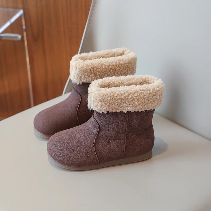 2024 Children Short Boots for Girls Winter New Fashion Korean Style Soft Bottom Versatile Anti-slippery Chic Plush Leather Shoes