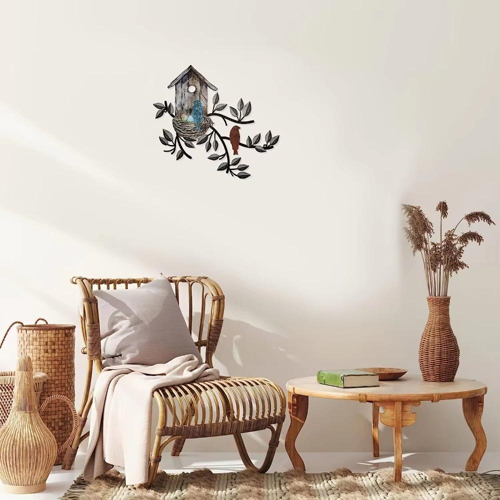 Copac de artă din metal de grădină cu casă pentru păsări - decorare perete. Meșteșuguri din fier de ramuri de copaci și păsări, sculptură de perete metalică montată pe perete