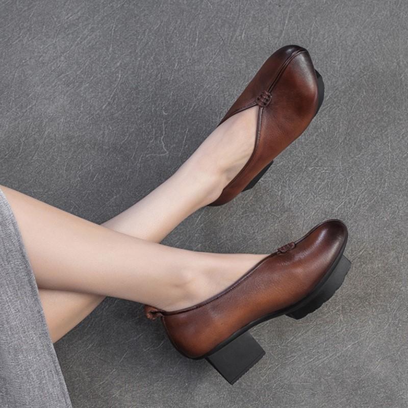 Johnature Hakiki Deri Yüksek Topuklu Retro Yuvarlak Burunlu Pompalar Çok Yönlü Kalın Topuklu Kadın Ayakkabıları