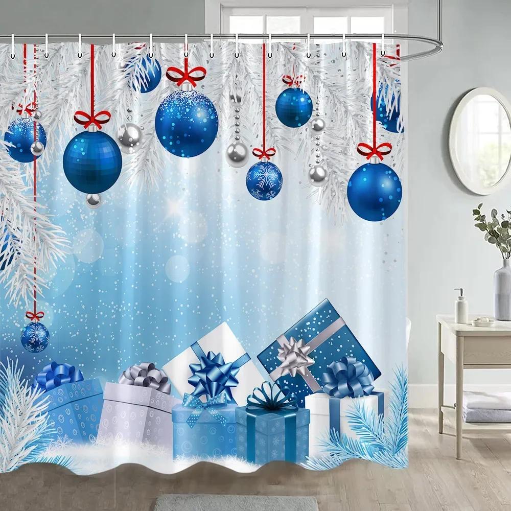 Christmas Shower Curtain Green Pine Branches Xmas Balls New Year Home Decor Polyester Fabric Bathroom Bath Curtains With Hooks
