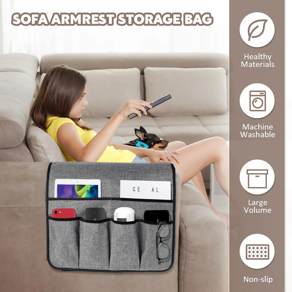 Sofa Armrest Organizer with 6 Pockets Soft Armchair Storage Bag Non-Slip Couch Armrest Pouch Stylish Sofa Armrest Caddy for