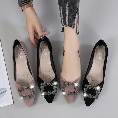 Zapatos planos de lujo con botón cuadrado de pedrería para mujer, moda de primavera otoño, punta afilada, zapatos negros de oficina, mocasines de suela blanda para señora