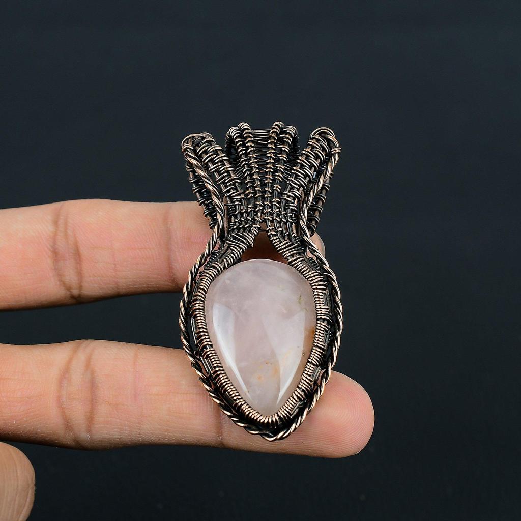 Awesome Rose Quartz Gemstone Handmade Pure Copper Wire Wrap Jewelry Pendant For Women
