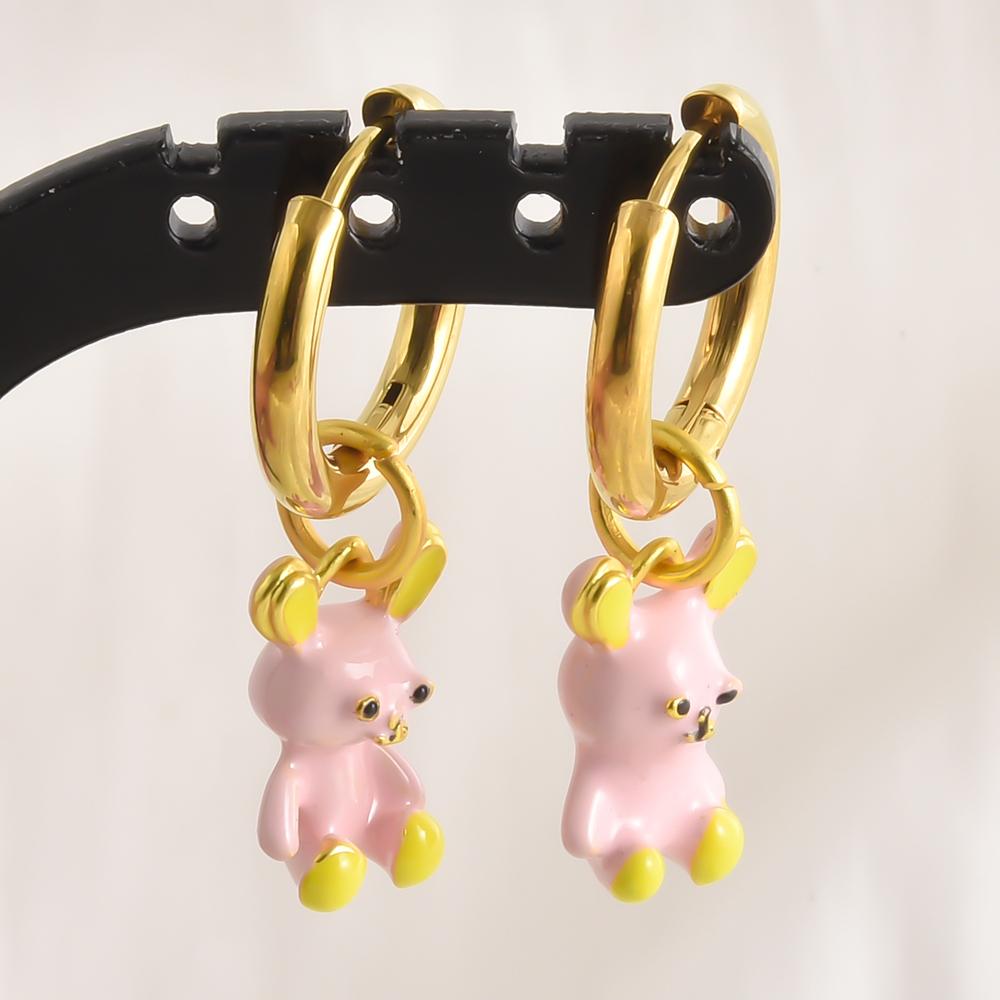 Gold Color Stainless Steel Round Hoop Earring Cartoon Animal Cat Paw Bunny Lobster Alloy Pendant Earrings For Women Girl Jewelry