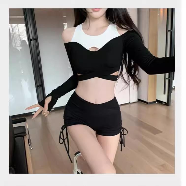 

European & American High-Waist Black Drawstring Fitness Shorts for Women XS