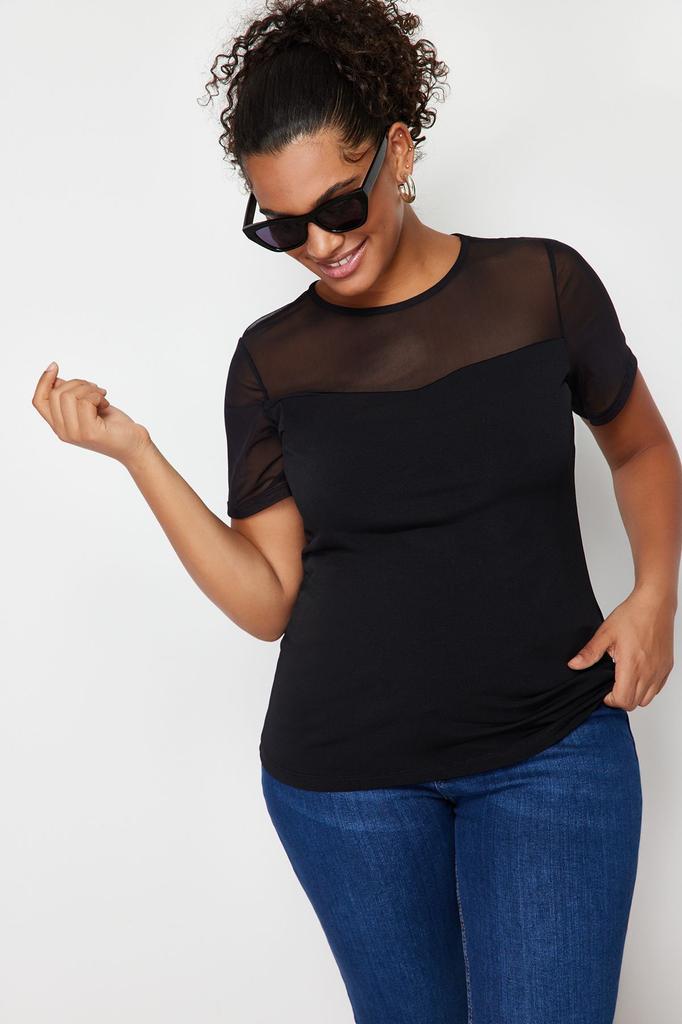 Damen Stil Übergröße Schwarz Herzausschnitt Mesh-Details Gestrickte Bluse