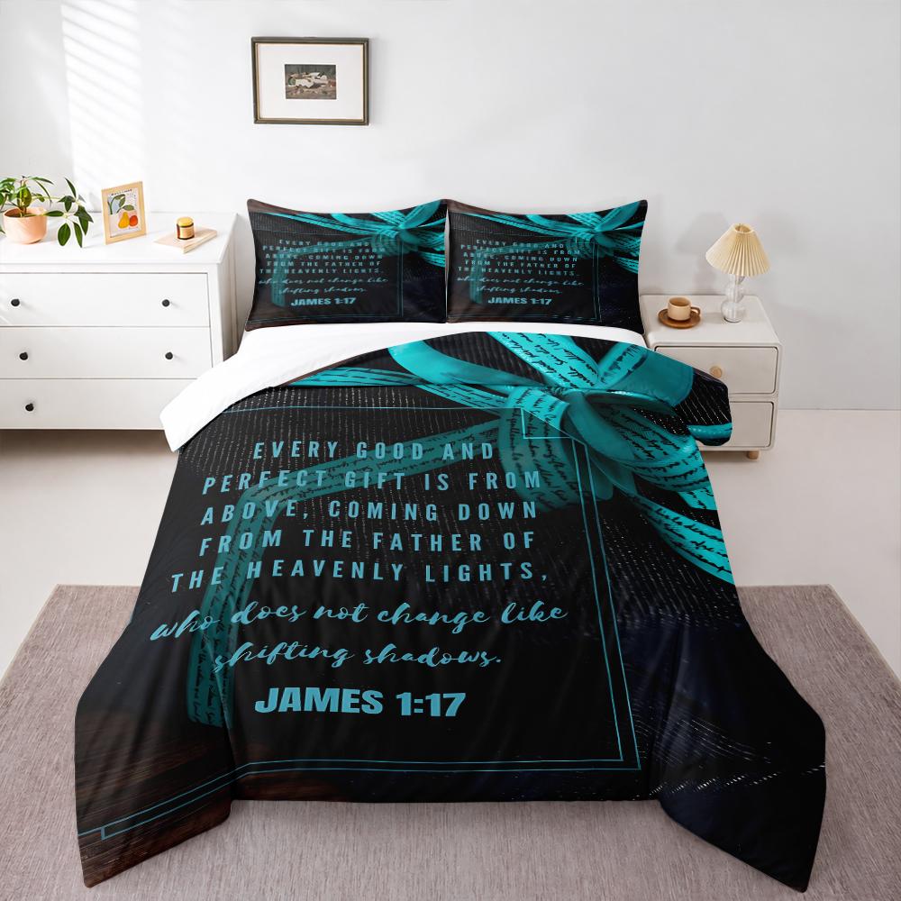 Dark Gift Box Teal Ribbon Bible Verse Bedding set (1 duvet cover, 2 pillowcases, duvet not included), James 1:17 Every Good Gift Art