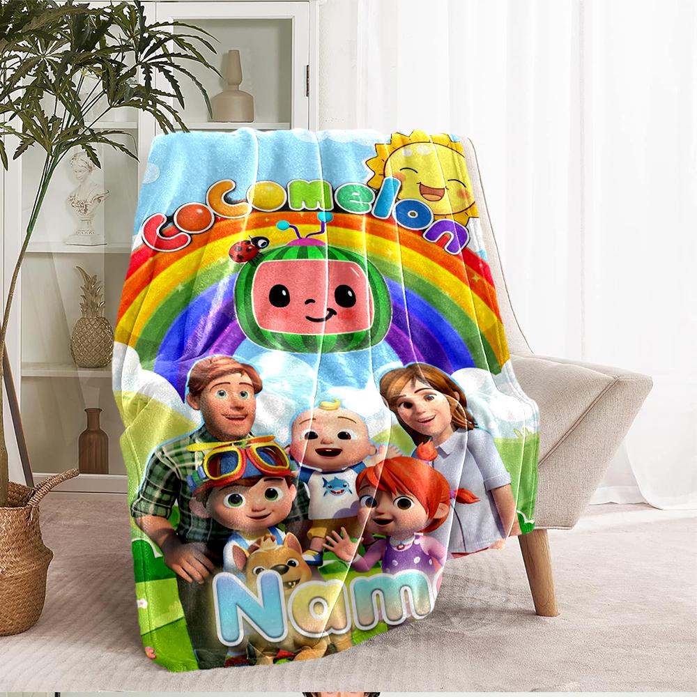 Custom Name Cocomelon Theme Printed Blanket - Perfect for Couch, Bed, Travel & Outdoor Use | Machine Washable, Cozy & Durable.