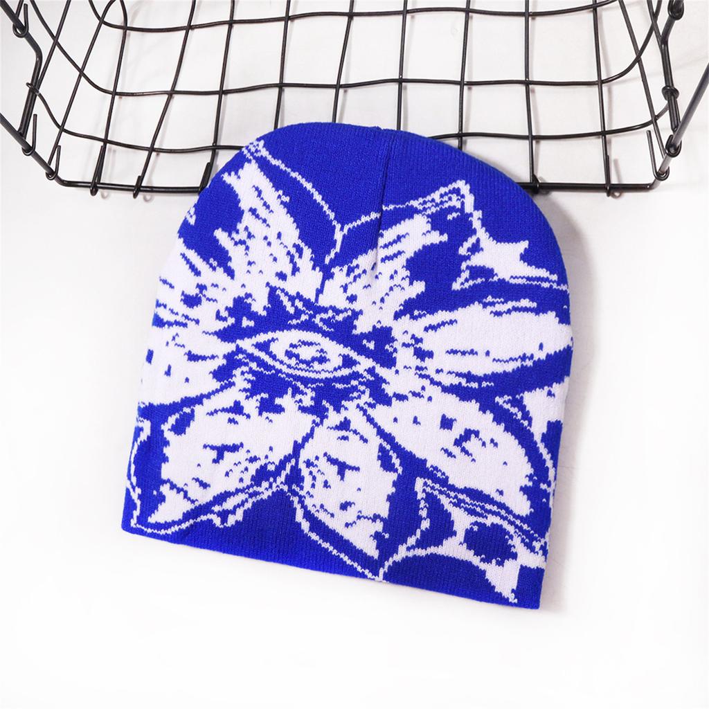 Unisex Jacquard Eye Flower Pattern Knitted Beanies Hat Fashionable Winter Warm Hiphop Bonnet Skull Hat for Men and Women