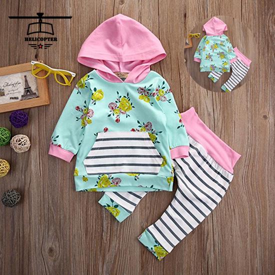 Newborn 4pcs Set Outfit Striped Hoodie with Romper Jumpsuit Striped Long Pants and Hat