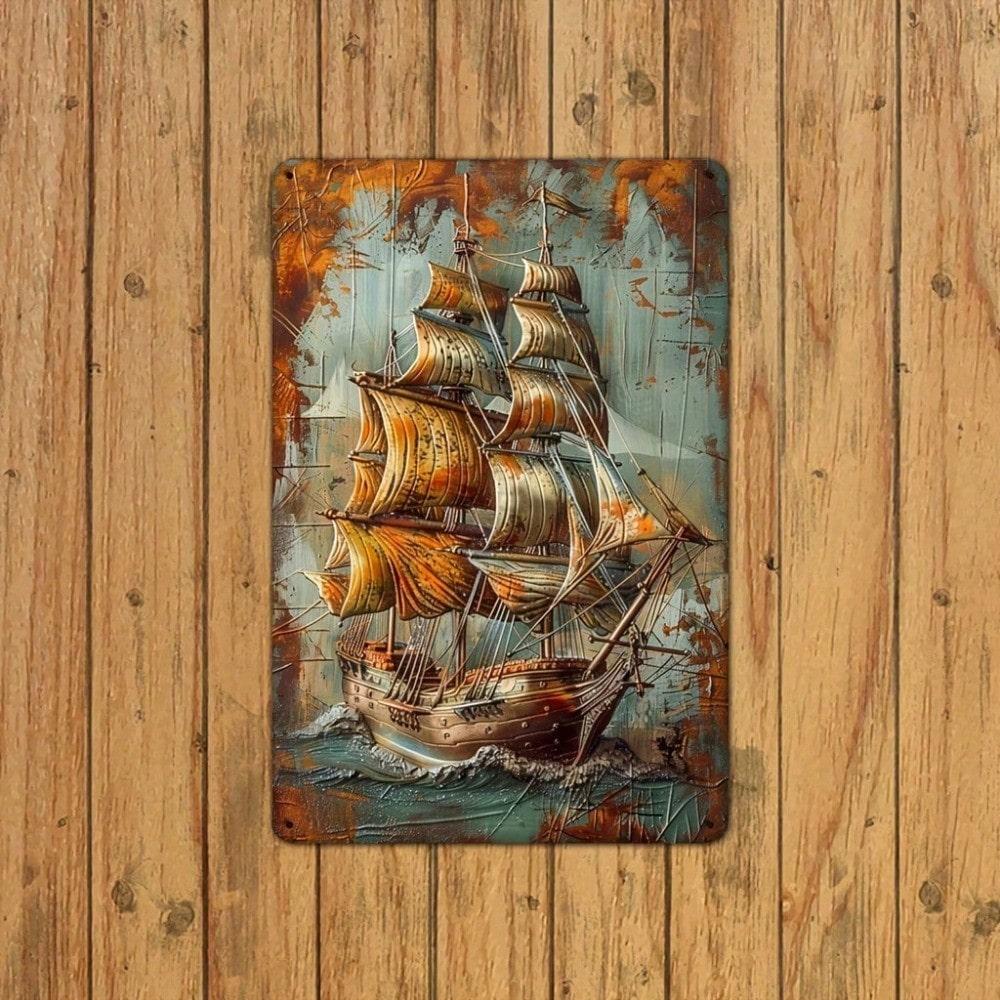 Vintage Nautical Ship Metal Tin Sign, 3D Embossed Rustic Sailboat Wall Decor, Waterproof Indoor Outdoor Home Bedroom