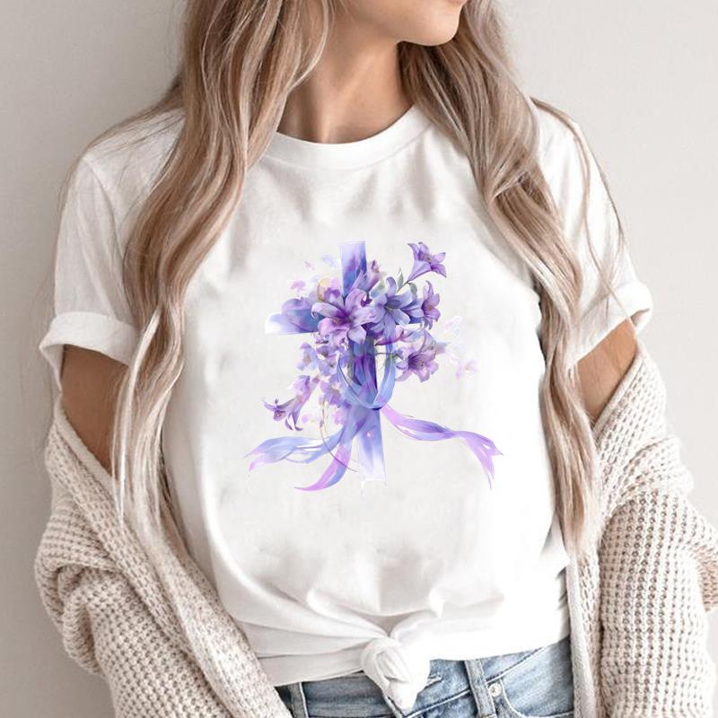 (Asian Size) sweet trend cute 90s style faith Print Short Sleeve T-shirts Casual Women's Top T Clothing O-neck Fashion Female Graphic Tee