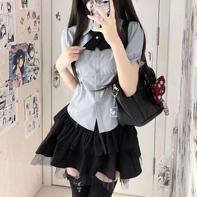 Japanese Academy Style Women's Short-Sleeved Shirt & Fluffy Layered Skirt Set