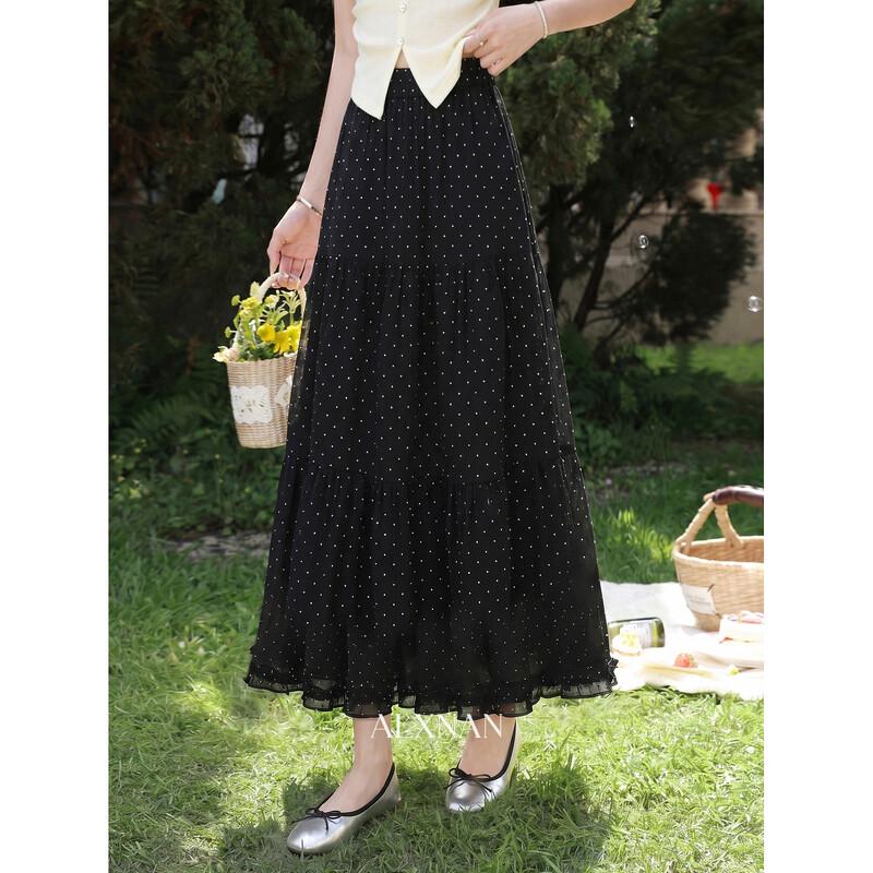 Luxiangnan Women s Black Polka Dot A-Line Midi Skirt L