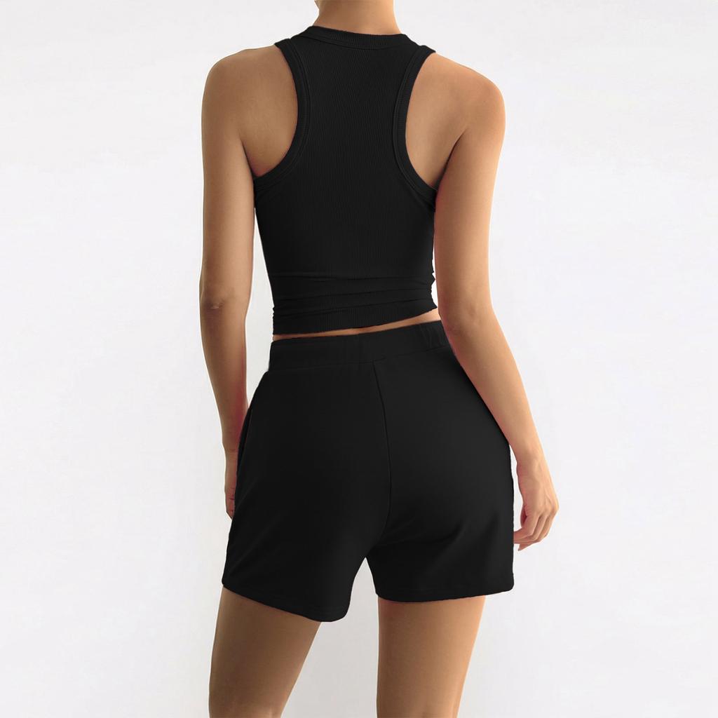 Women's Sleeveless Tank Top and Shorts Set Ribbed Round Neck Casual Two Piece Summer Outfit Suitable for Daily Wear and Light Exercise
