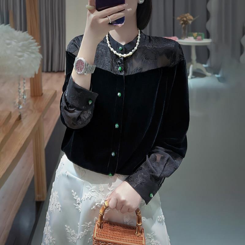 Black Silk Velvet Long Sleeve Top - New Chinese Style Women's Autumn Shirt