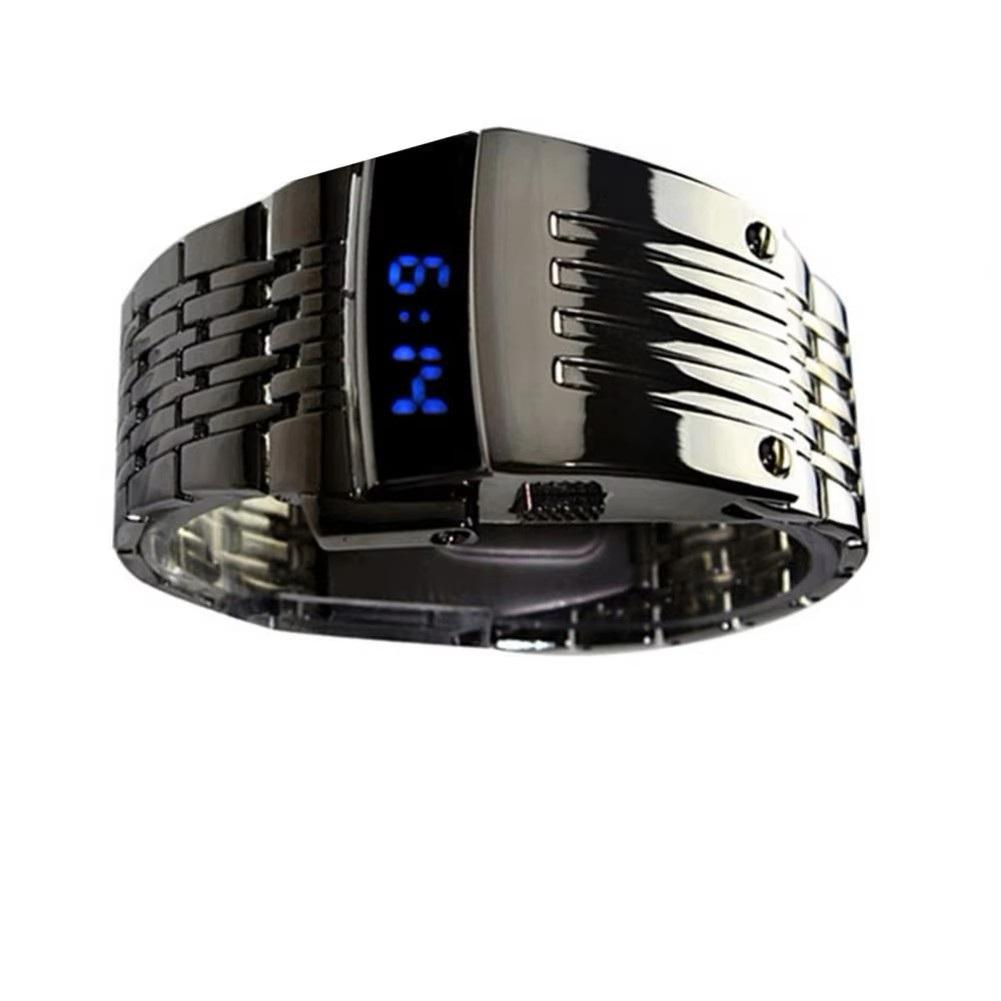 Ceas de mână pentru bărbați, model LED, curea din oțel inoxidabil, digital, cu afișaj albastru, sport, vintage, retro, casual, cadou