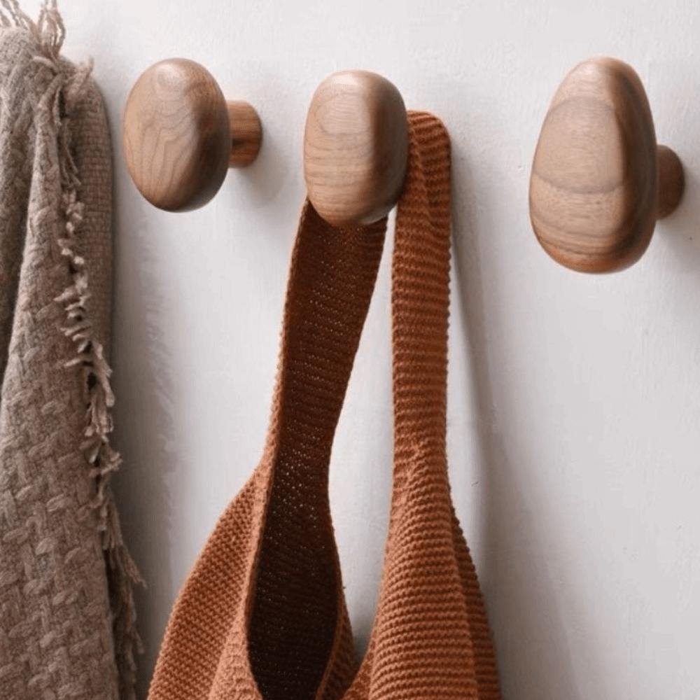 4pcs Beech Walnut Wood Wood Hook Punch Free Simple Design Wall Hook Solid Wood Wood Handle Hanging Hanger Home Decoration