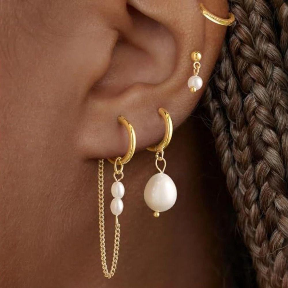 Dainty Design Pearl Drop Earrings No Tarnish Dangle Huggie Hoops Stack Earrings  Women Jewelry
