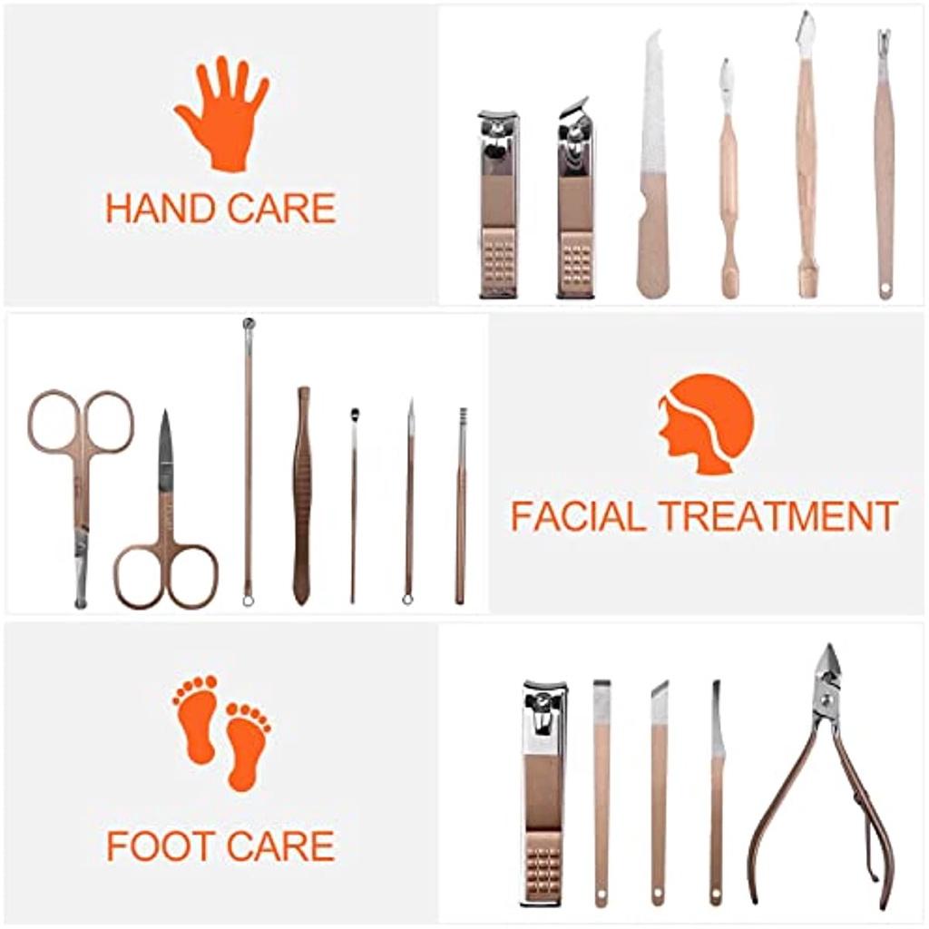 Nagelverbesserungsset aus Edelstahl in Roségold, 18-teiliges Nagelverbesserungs- und Fußreparaturset, professionelles Nagelmesser mit Lederetui