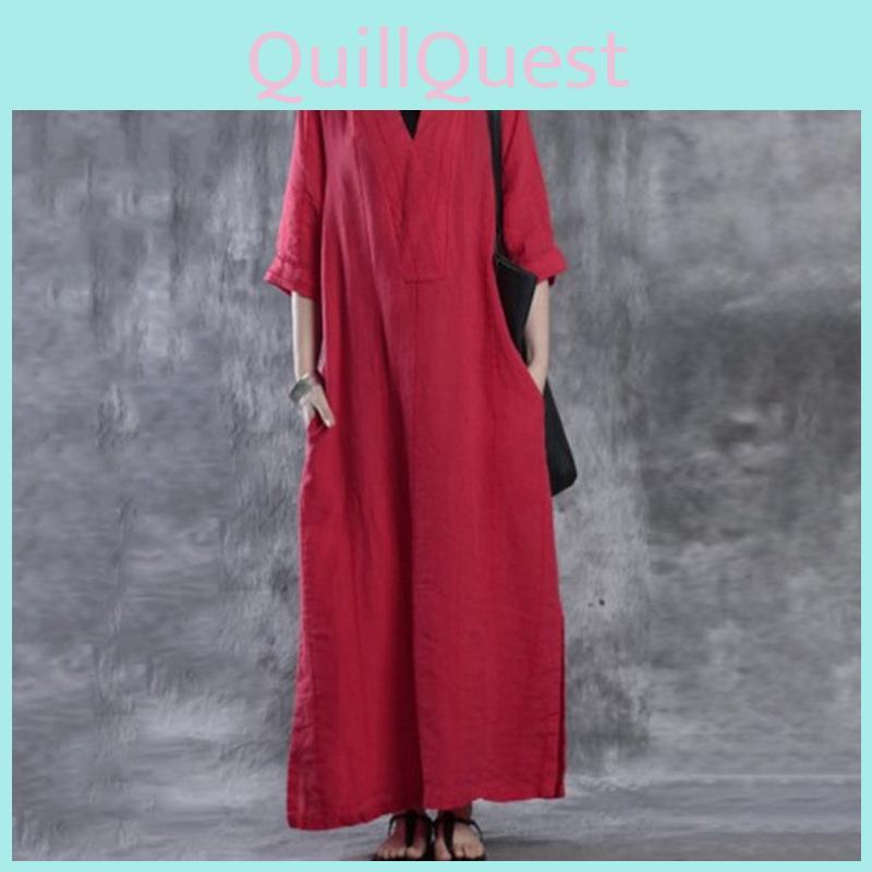 Women Simple Fashion Loose Baggy Long Maxi Dress Half Sleeve Split Plus Size For Effortless Elegance