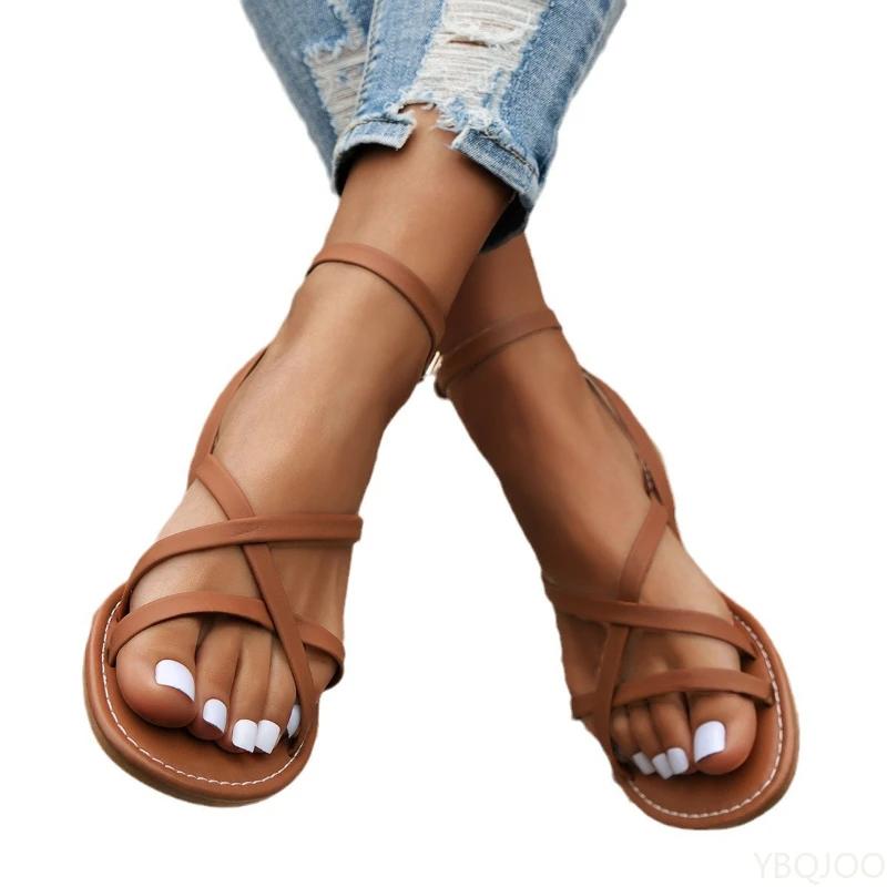 2025 Summer Women's Sandals New Casual Versatile Roman Shoes Comfort Flat Bottomed Sandal Outdoor Vacation Beach Shoes