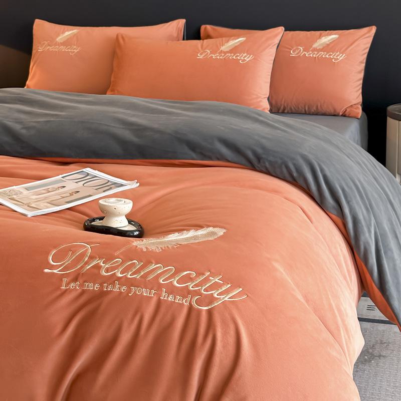 Thickened Milk Fleece Four-Piece Set, Coral Double-Sided Fleece Embroidered Crystal Fleece Quilt Cover, Bed Sheet, Bed Hat Three-Piece Set