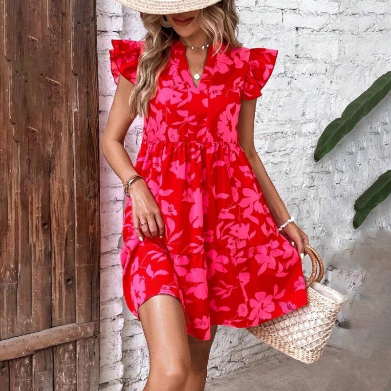 Summer Women Loose V-neck Print Dress Flounce Sleeves