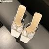 Fashion Purple Satin Rhinestone One-Strap Sandals for Women 2025 Summer New Bow Open-Toe Thin High-Heeled Slippers Casual Fashion Slides