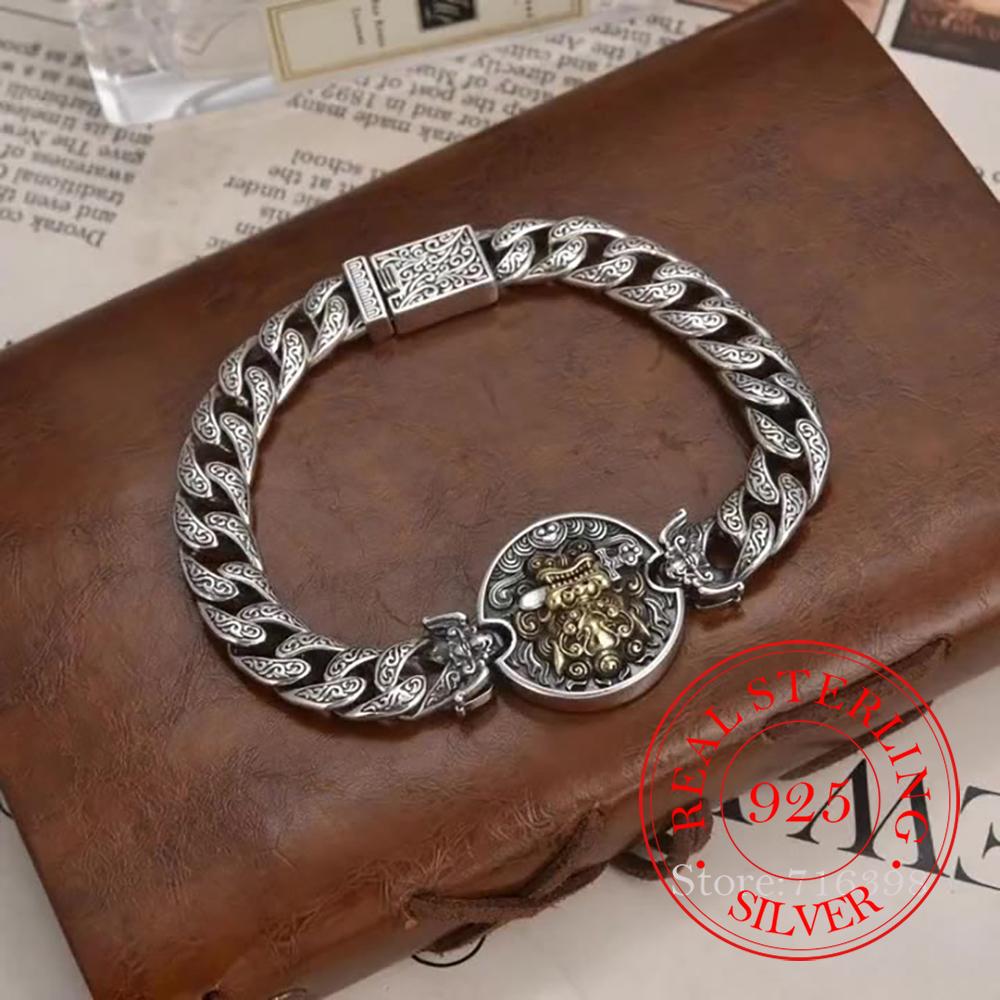 

Real Money 925 Sterling Silver Vintage Hollow Pattern Dragon Lion Men Chain Bracelet For Men Party Jewelry Gift 22cm