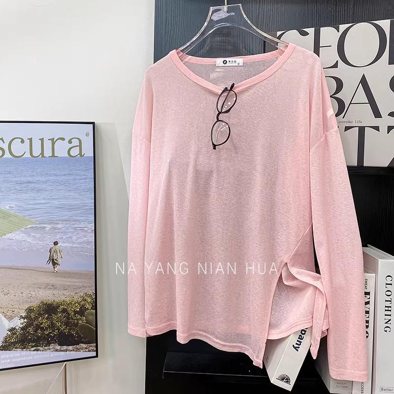 

Женская летняя прозрачная блузка с разрезом, солнцезащитная, с длинным рукавом, корейская, 2025, конфетного цвета, свободного кроя Medium