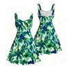 Women Plus Size Square Neck Strappy Open Shoulder Sleeveless Dress Green Blue Floral Printed Flared Hem