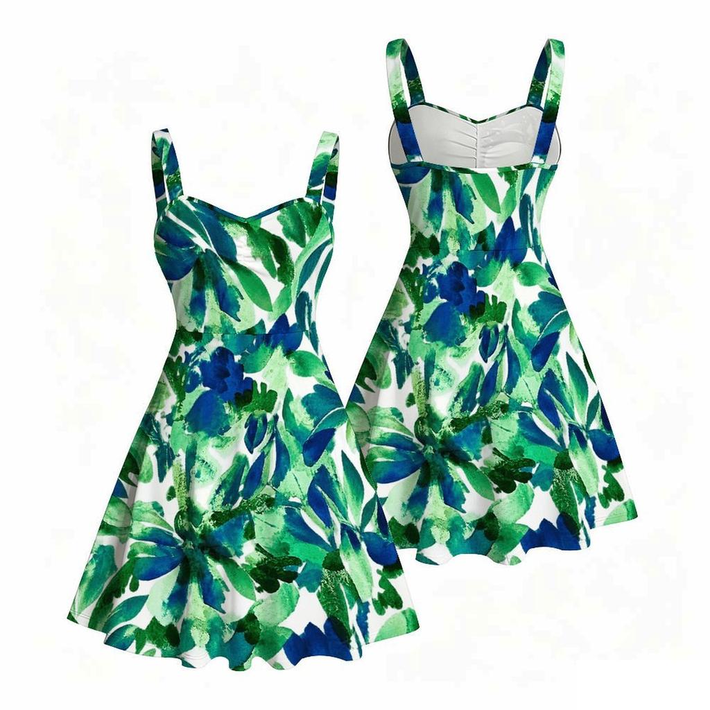 Women Plus Size Square Neck Strappy Open Shoulder Sleeveless Dress Green Blue Floral Printed Flared Hem