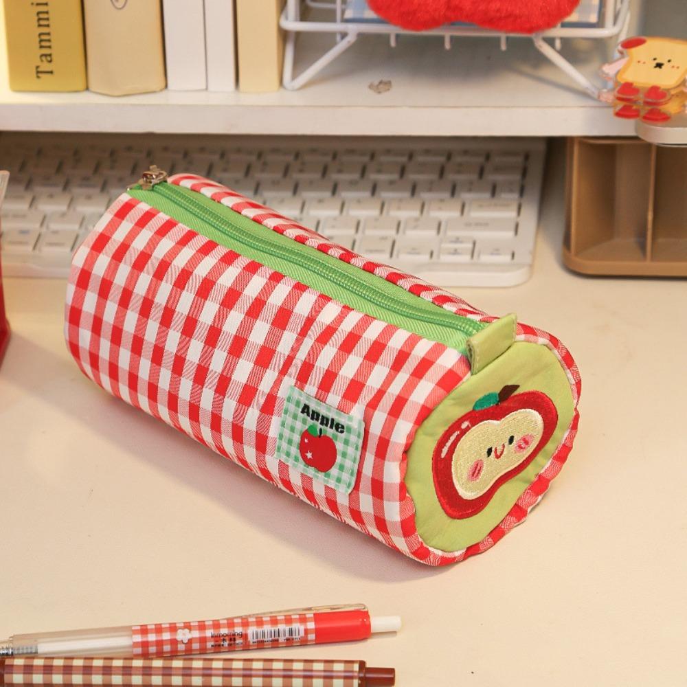 Desk Storage Bag Pencil Case Pouch Cake Roll Plaid Pen Bag  School Office Supply