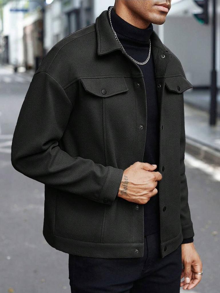 Men S Turn Down Collar Wool Casual Work Jacket Long Sleeve