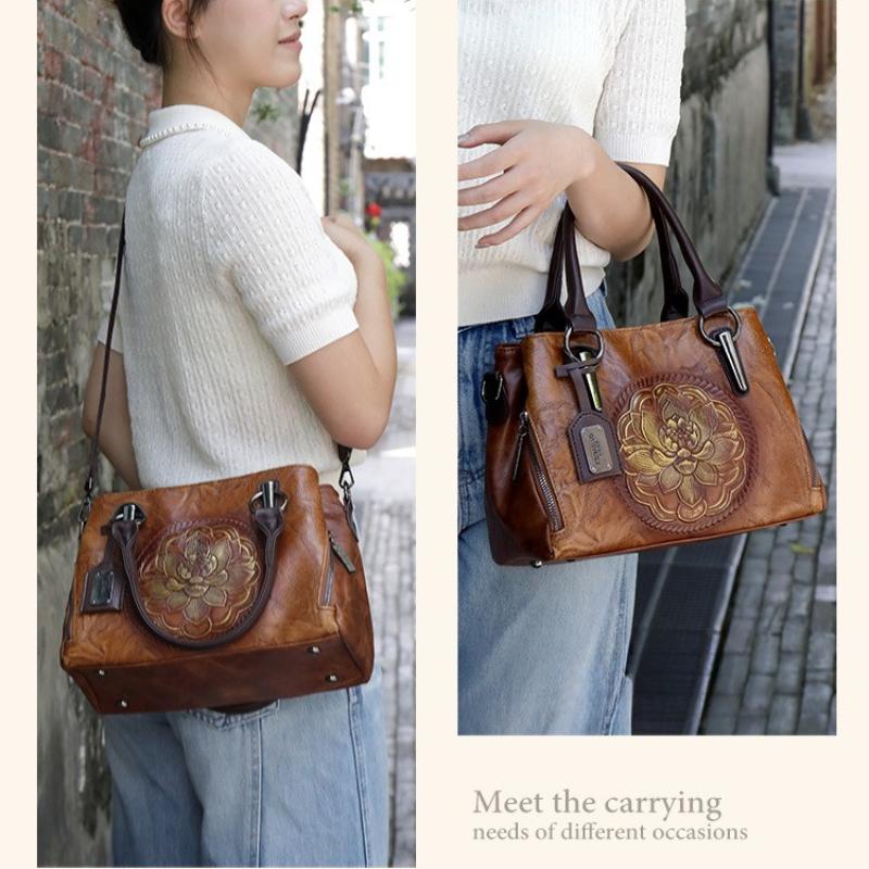 Vintage Chinese Style Shoulder Crossbody Bags for Women Embossing Print Tote Bags Large Capacity Multi-Pocket Soft Handbags