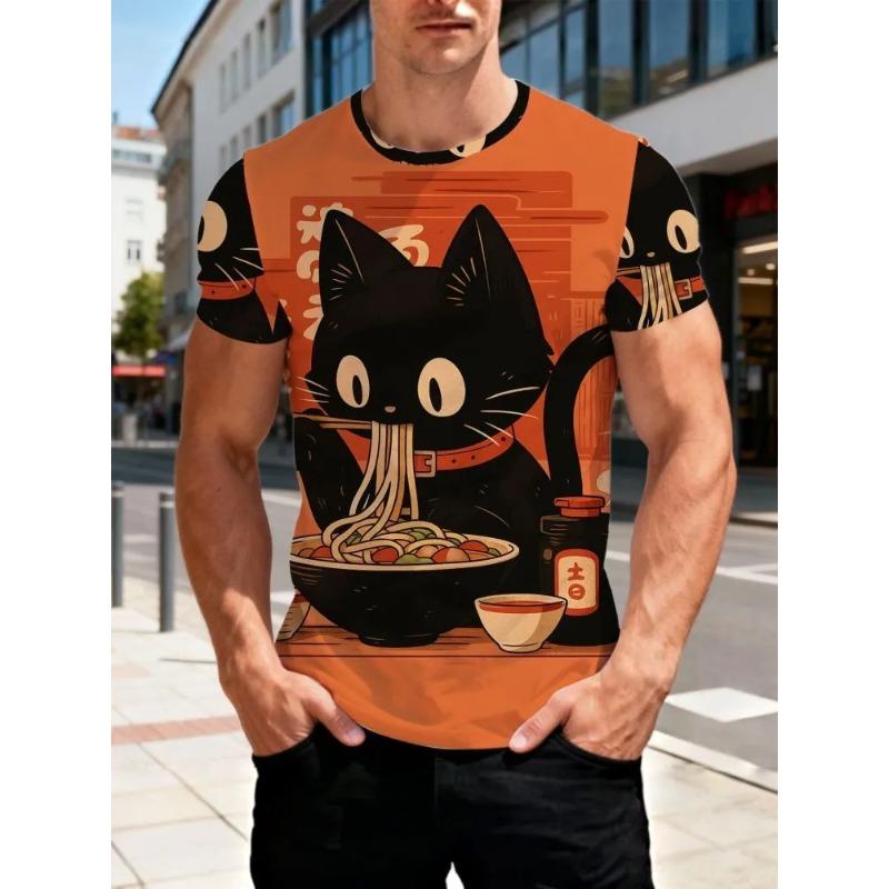 Summer Men's Cat 3D Printed Crew Neck T-Shirt Fashion Versatile