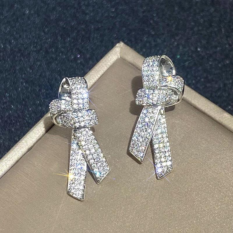 925 Sterling Silver Bow Stud Earrings for Women Sparkling Crystal Cubic Zirconia Temperament Accessories Female Jewelry
