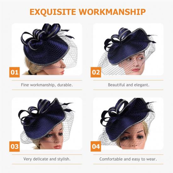 SOIMISS Navy Blue Fascinator Hat Headband for Women, Cocktail Tea Party Straw Headdress, Vintage Wedding Bridal 1920s Style, Elegant Special Occasion