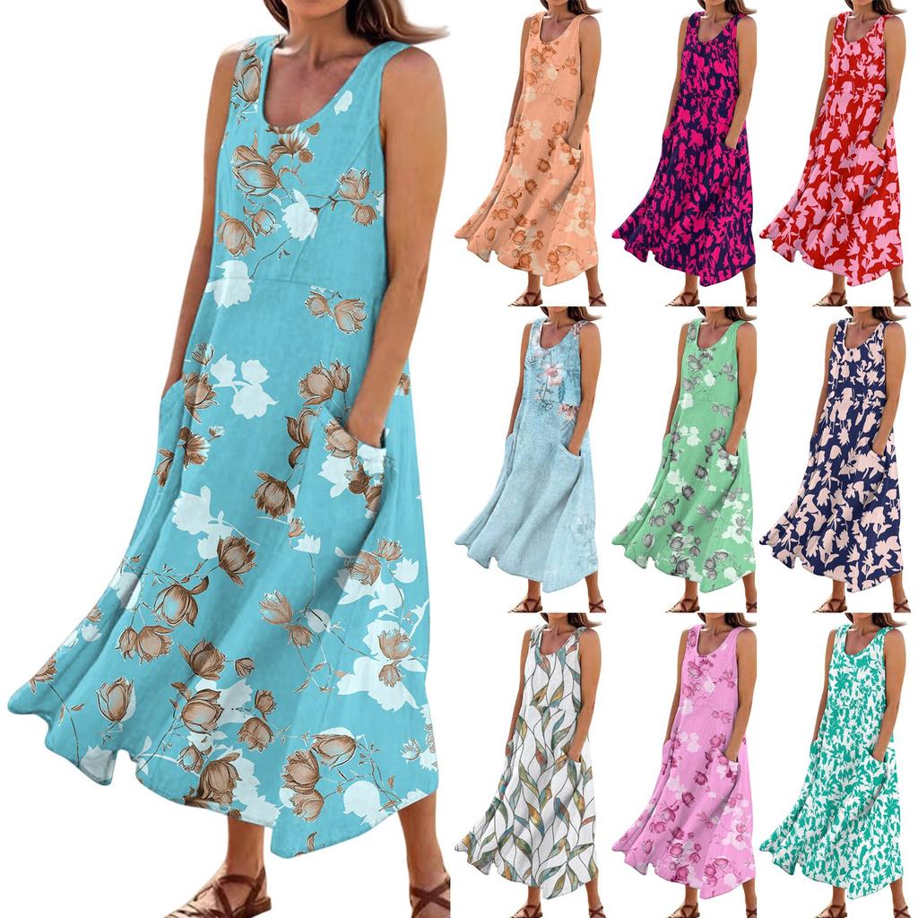 Women's Summer Casual Fashion Flower Printed Sleeveless  Pocket Dress