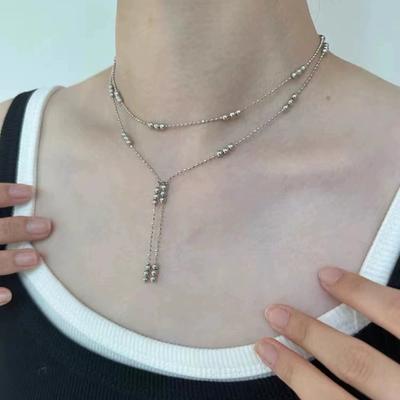 Double Layered Silver Color Bead Necklace Simple Thin Chain Round Beads Tassels Trendy Design Collarbone Chain Women's Jewelry