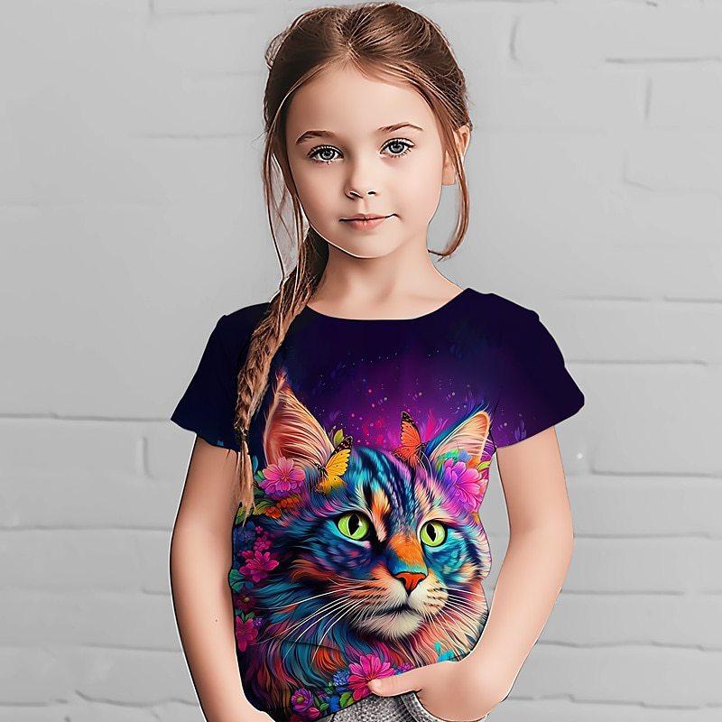 Cartoon Cat 3D Printed Girls' Short Sleeved T-shirt Sweet and Cute Summer Round Neck Children's Top T-Shirts Girls
