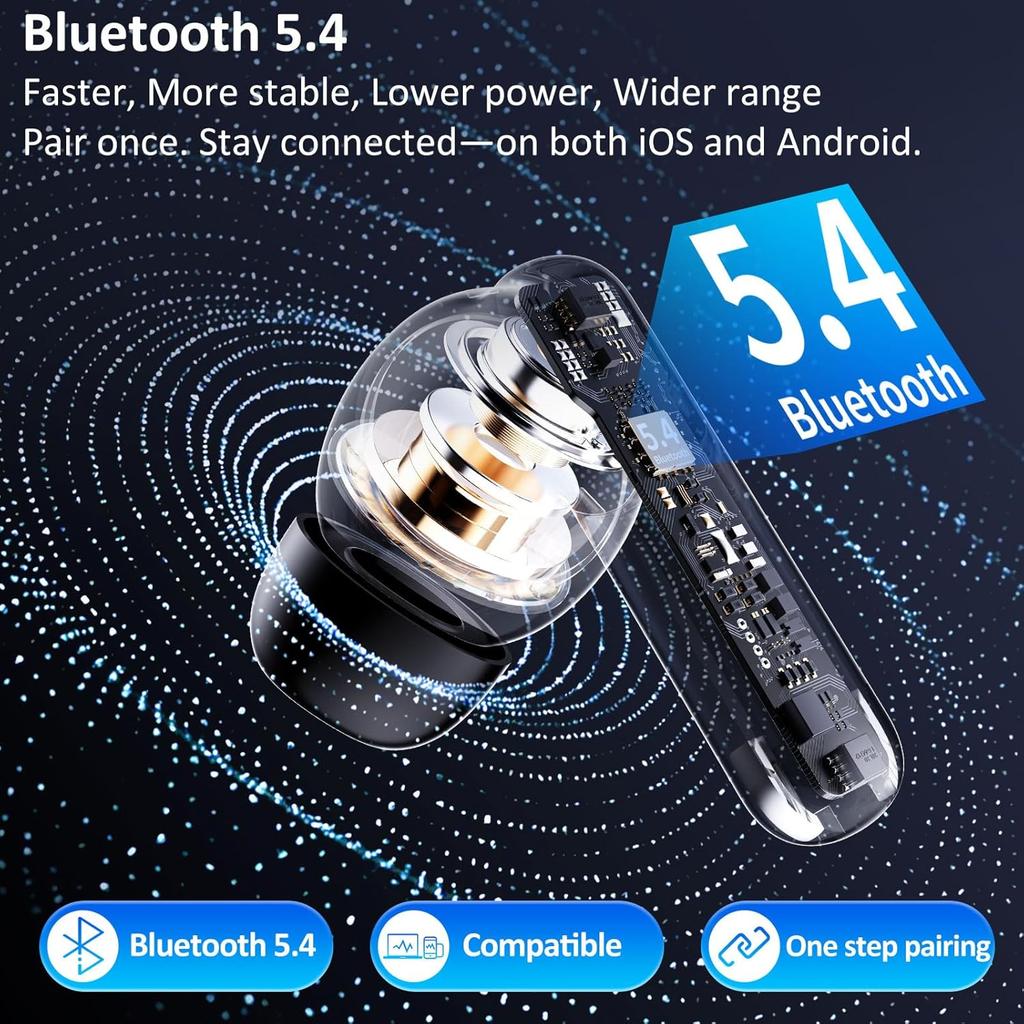 Kabellose Ohrhörer Bluetooth 5.4 6 Mikrofone ENC Geräuschunterdrückung Ohrstöpsel Tiefer Bass HiFi Stereo LED-Anzeige 48H Wiedergabezeit Kopfhörer IPX7 Kopfhörer Android iOS