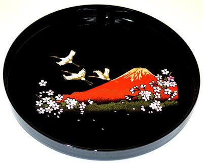 Tsunoda Seibei Shoten Kishu Lacquerware Round Tray 30cm One Fuji, Two Cranes, Three Cherry Blossoms 138242