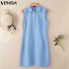 VONDA Women Summer Sleeveless Lapel Neck Buttons Slim Waist Casual Thin Mini Dress