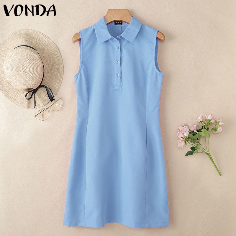 VONDA Women Summer Sleeveless Lapel Neck Buttons Slim Waist Casual Thin Mini Dress